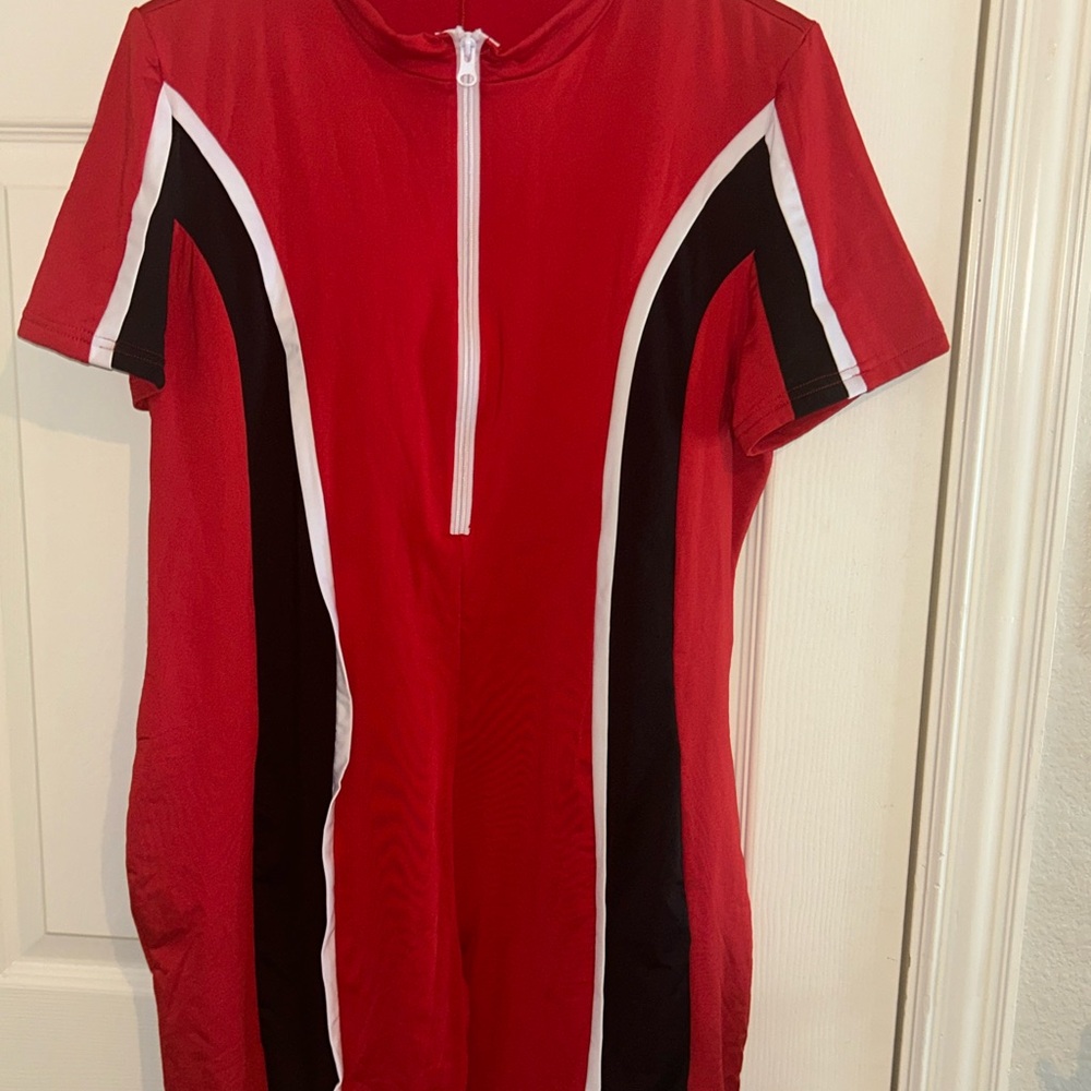 Red and Black Zip-Up Athletic Jumpsuit